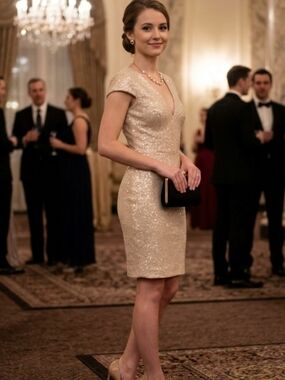 Dress the Population Champagne Sequin Cap Sleeve Midi Sheath Dress NWOT Small